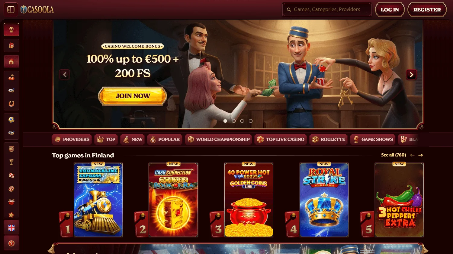 Casoola Casino desktop home screen