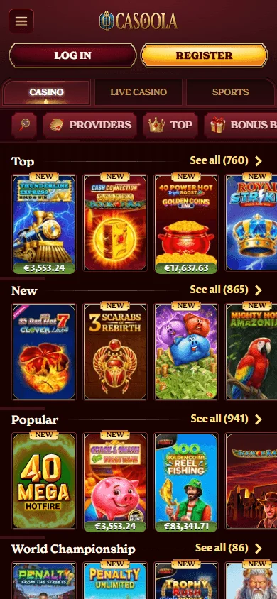 Casoola Casino mobile games screen